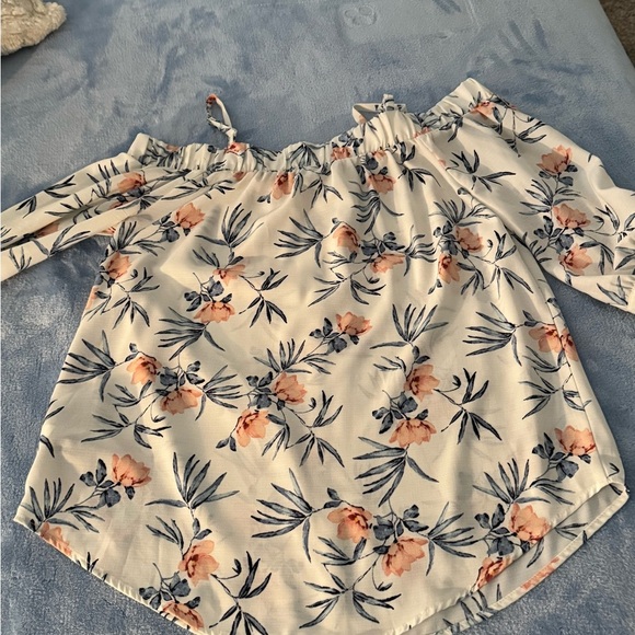 Iz Byer Women’s Floral Off-Shoulder Blouse – White with Pink & Blue Print, (S) - Picture 2 of 5